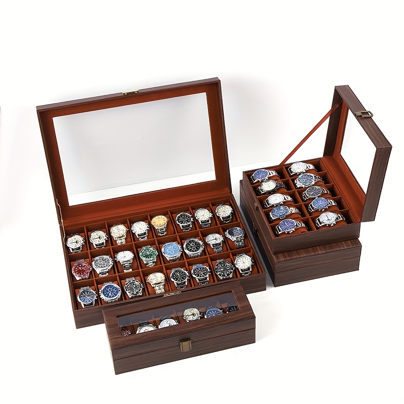 retro watch box with large glass cover, detachable pillow and soft   leather interior -   brown multi-watch storage, luxury watch organizer with independent slot for watches collectors, jewelry & accessories 0