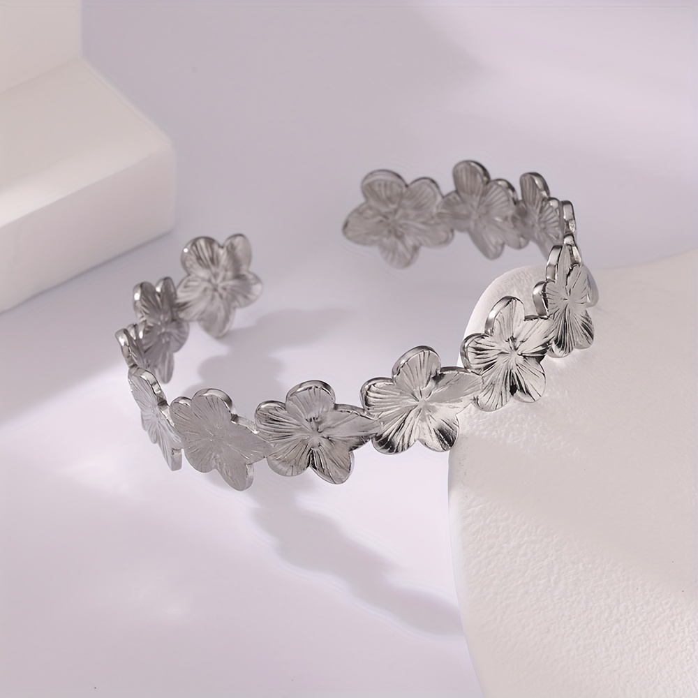TEMU 1pc Stainless Steel Flower Bracelet For Women, Simple Jewelry Decoration, A Beautiful Holiday Gift For , Suitable For Parties, Festivals, And