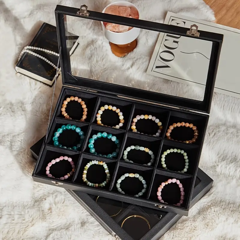 12 slot black leather jewelry box bracelet organizer for beaded necklaces rings earrings artificial handmade storage display case with desktop decoration Product details 0