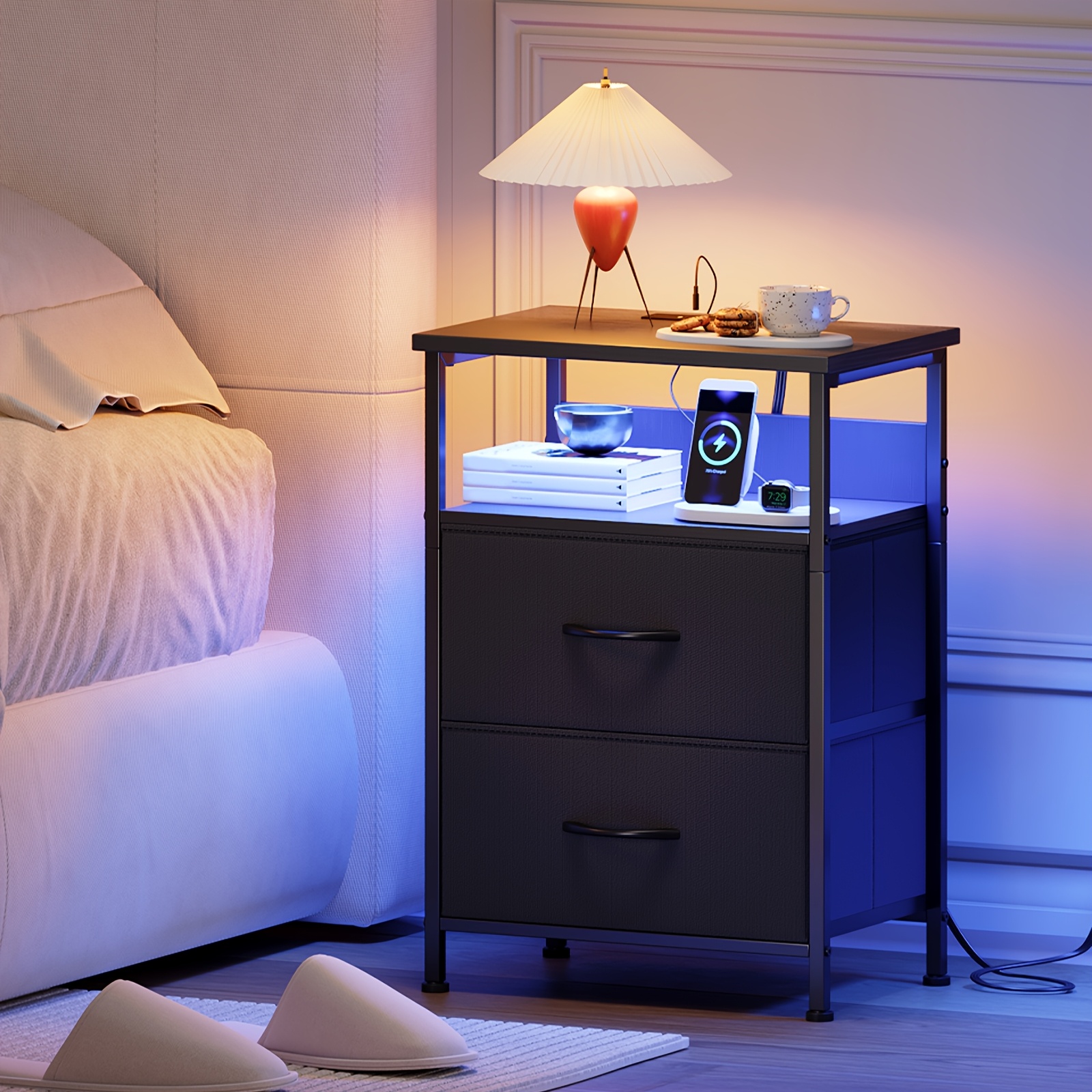 TEMU EUNOS Table de chevet avec station de charge et lumières LED pour chambre à coucher, petit commode avec poubelle en tissu pour chevet, dortoir,