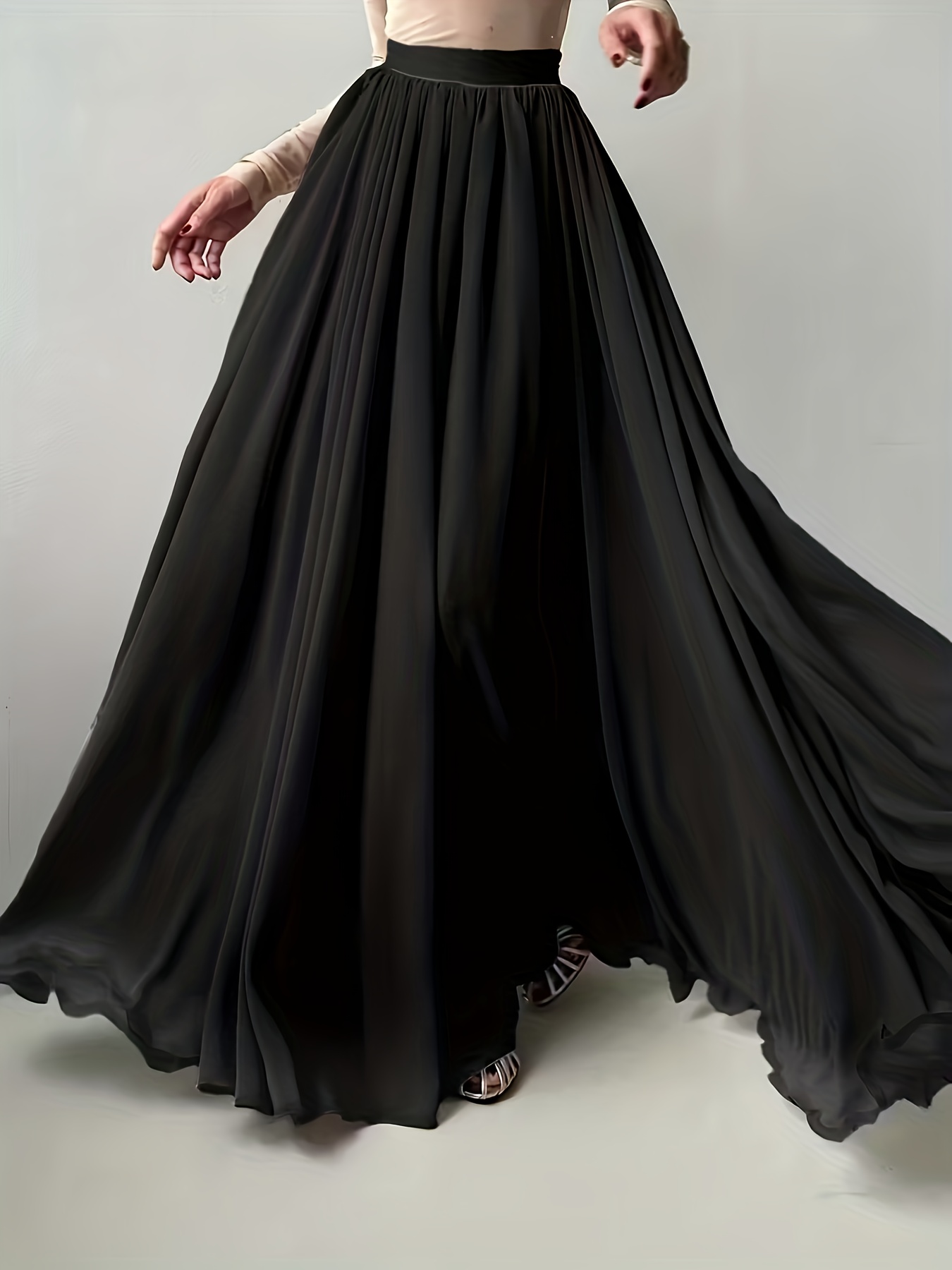 elegant womens solid black chiffon pleated flowy maxi skirt - Temu