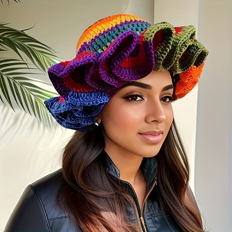 

Chic Rainbow Knit Bucket Hat For Women - Handcrafted, Stretchy Polyester, Tie-dye Pattern, Casual Wear