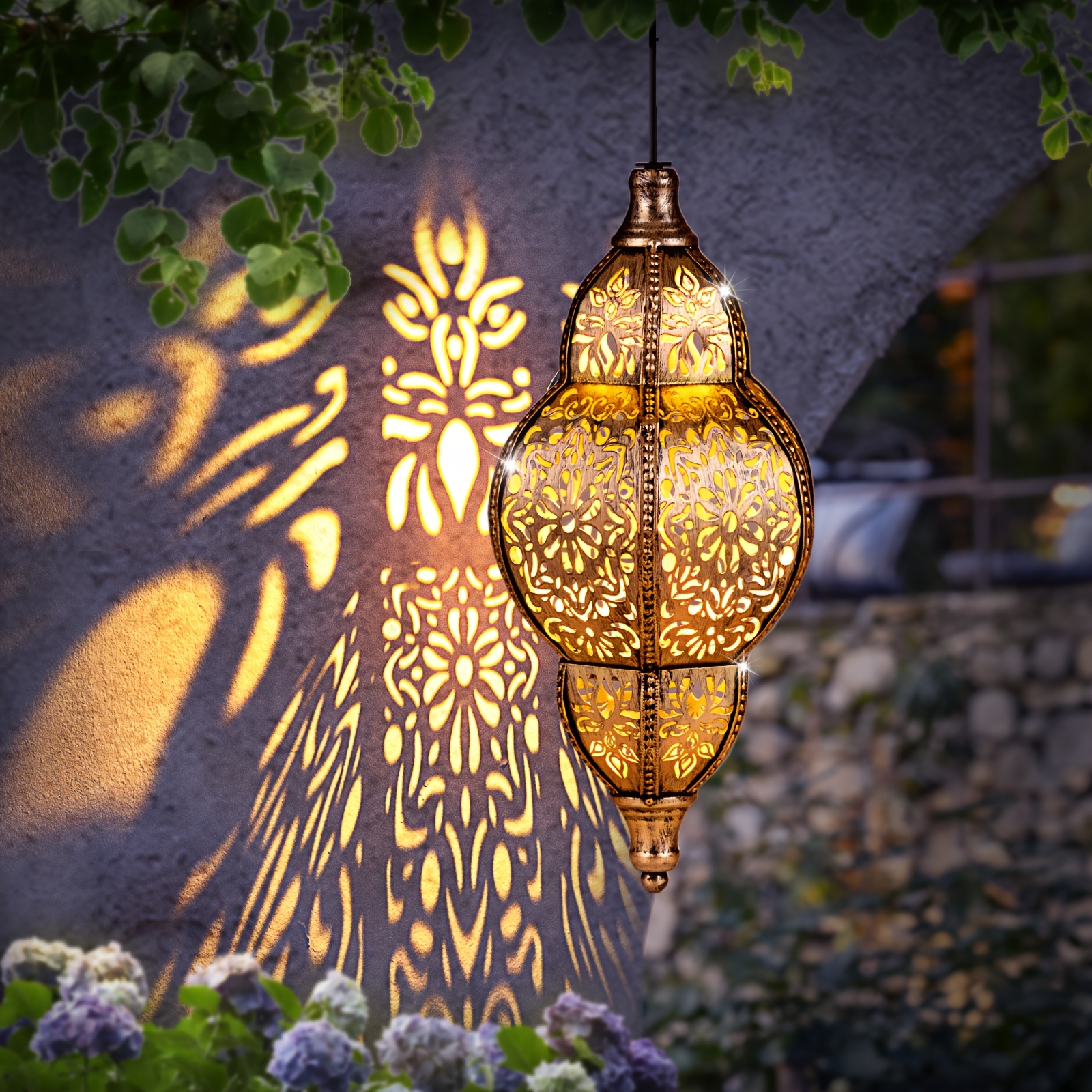 TEMU 27.17 Inch Solar Lights Outdoor Pendant Light, Iron Hollow Out Projector Lantern, Porch Decorative Lights For Patio, Garden Decoration, Lawn,