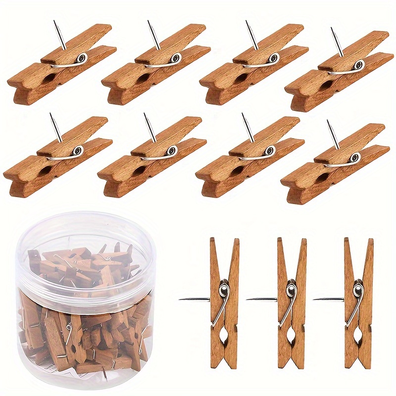 30pcs Brown Wooden Push Pins with Metal Clips, Durable Thumbtacks for Crafts, Cork Board, Artwork, Photos, Office &amp; Home Decor, Wooden Tacks for Daily Use