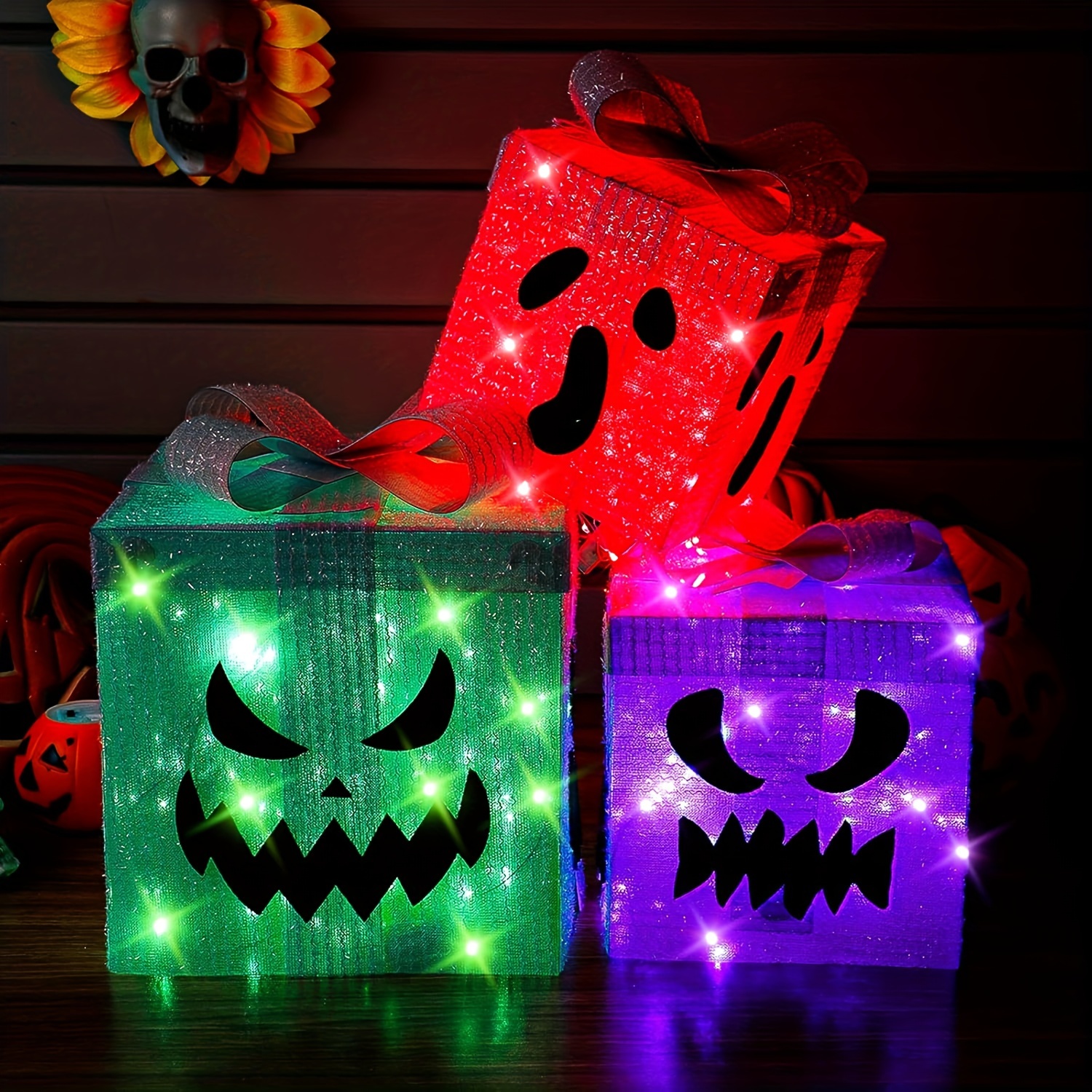 

3 Pack Lighted Gift Boxes Decoration Pumpkin Indoor Outdoor Present Box Pumpkin Decoration For Pathway Home Yard Holiday Party Supplies