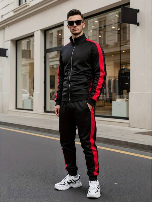 mens casual two piece sportswear set black zip up top pants fleece lined elastic waistband regular fit suitable for spring and autumn spring jacket sportswear zip up jacket