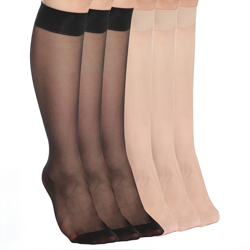 

6 Pairs Women's Plus Size Knee High Stockings - Nylon , Rib-knit, Solid Color, Stretchy & , Fashionable Long Socks For Chubby Calves