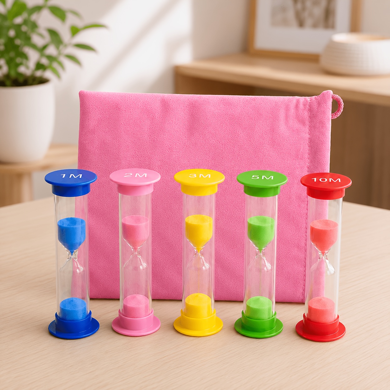 TEMU Lot de 5 sabliers avec sac de rangement, ensemble de sabliers à code couleur, ensemble de sabliers 1 min/ 2 min/ 3 min/ 5 min/ 10 min , , l', ,