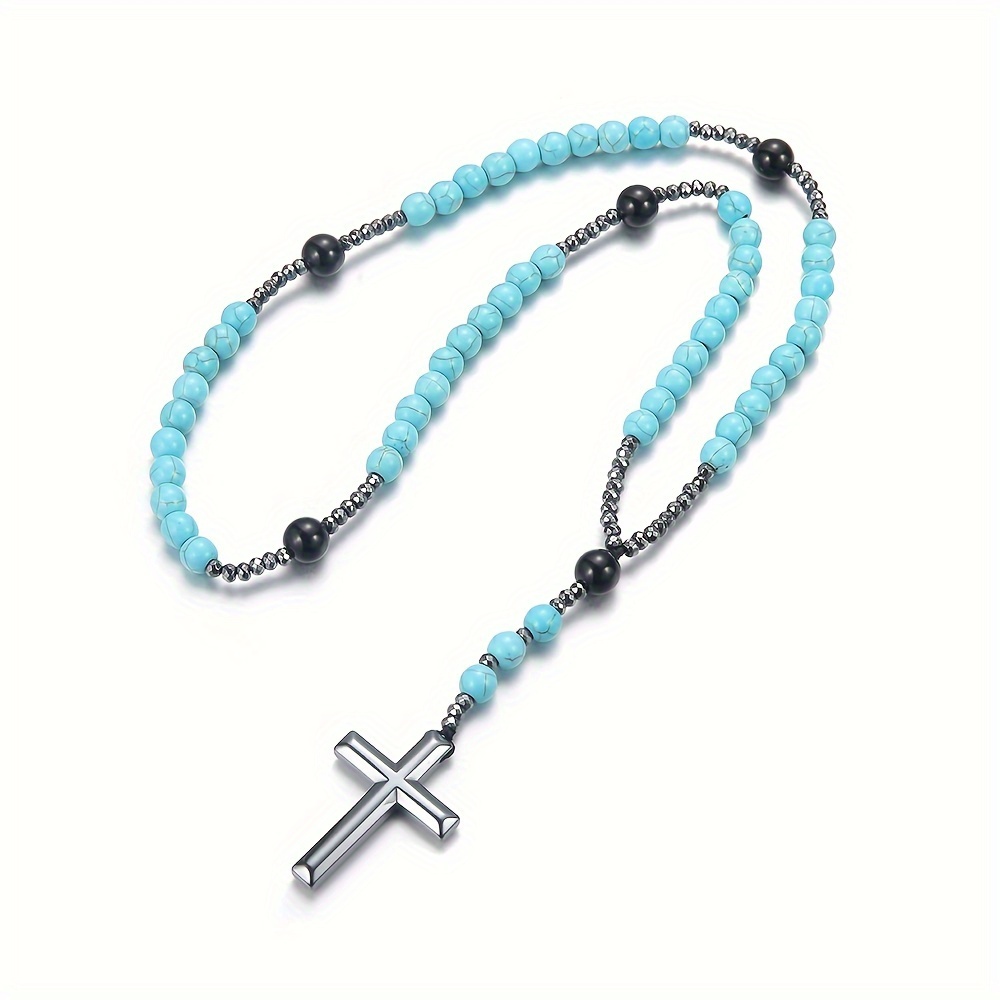 simple turquoise round beads cross pendant necklace for women and men rosary beads necklace details 3