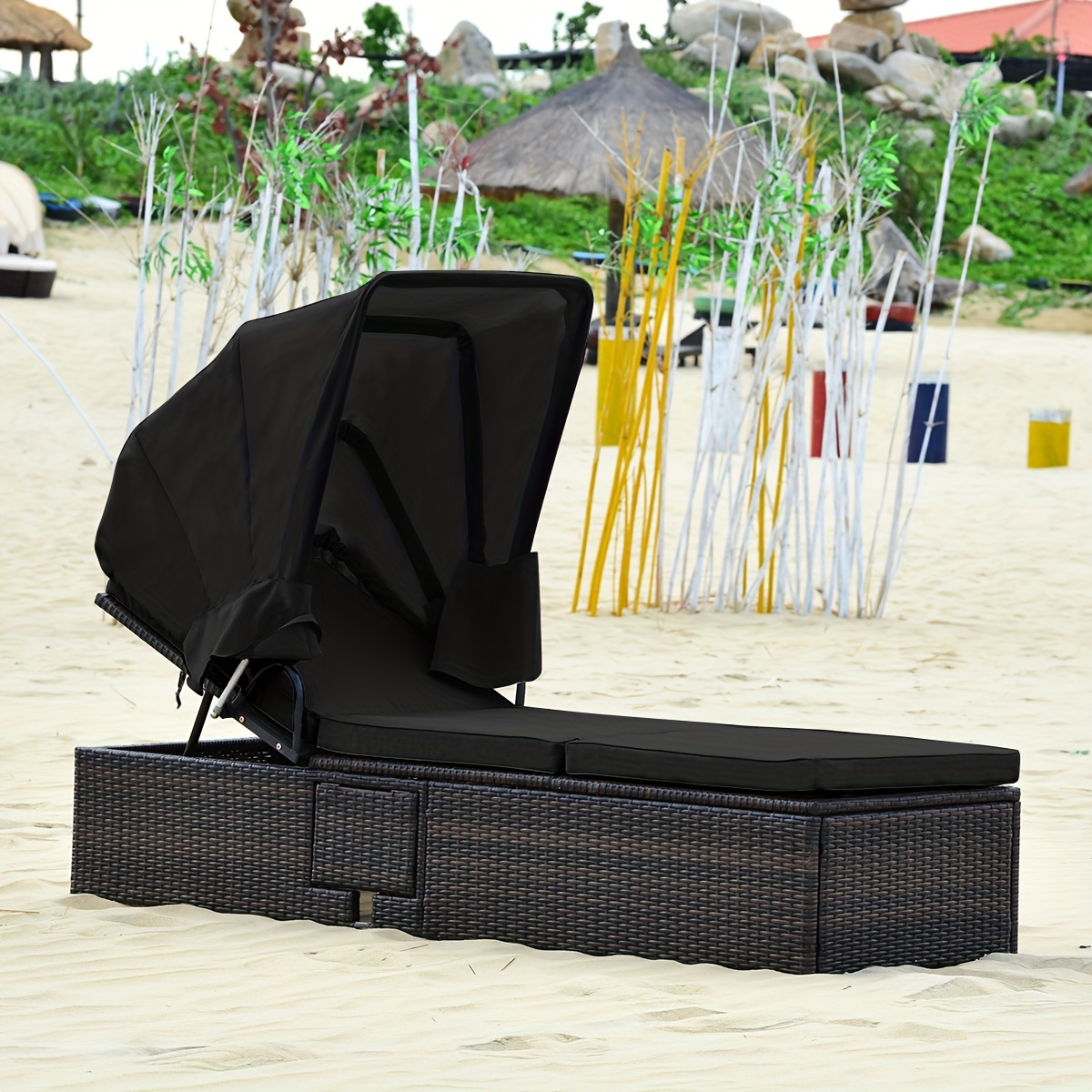 1pc outdoor patio rattan sun lounger adjustable canopy and tea table black cushioned reclining chair 77x23 5 inches poolside garden furniture patio lawn garden temu Temu