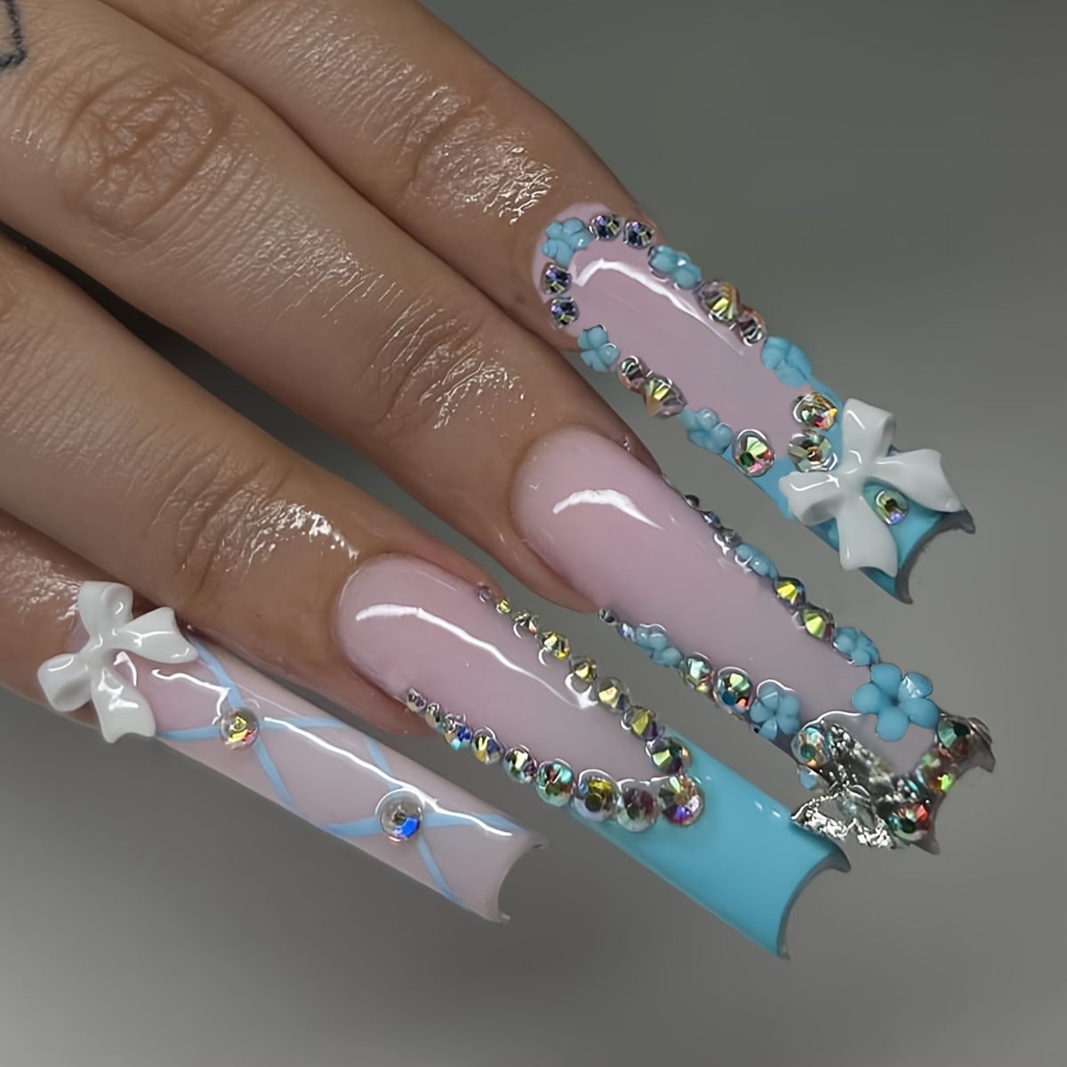 

24pcs Long Square Press-on Nails Set In Sky Blue With 3d Metal Butterfly & Rhinestone Accents, Glossy Finish - Includes Jelly Adhesive & Nail File