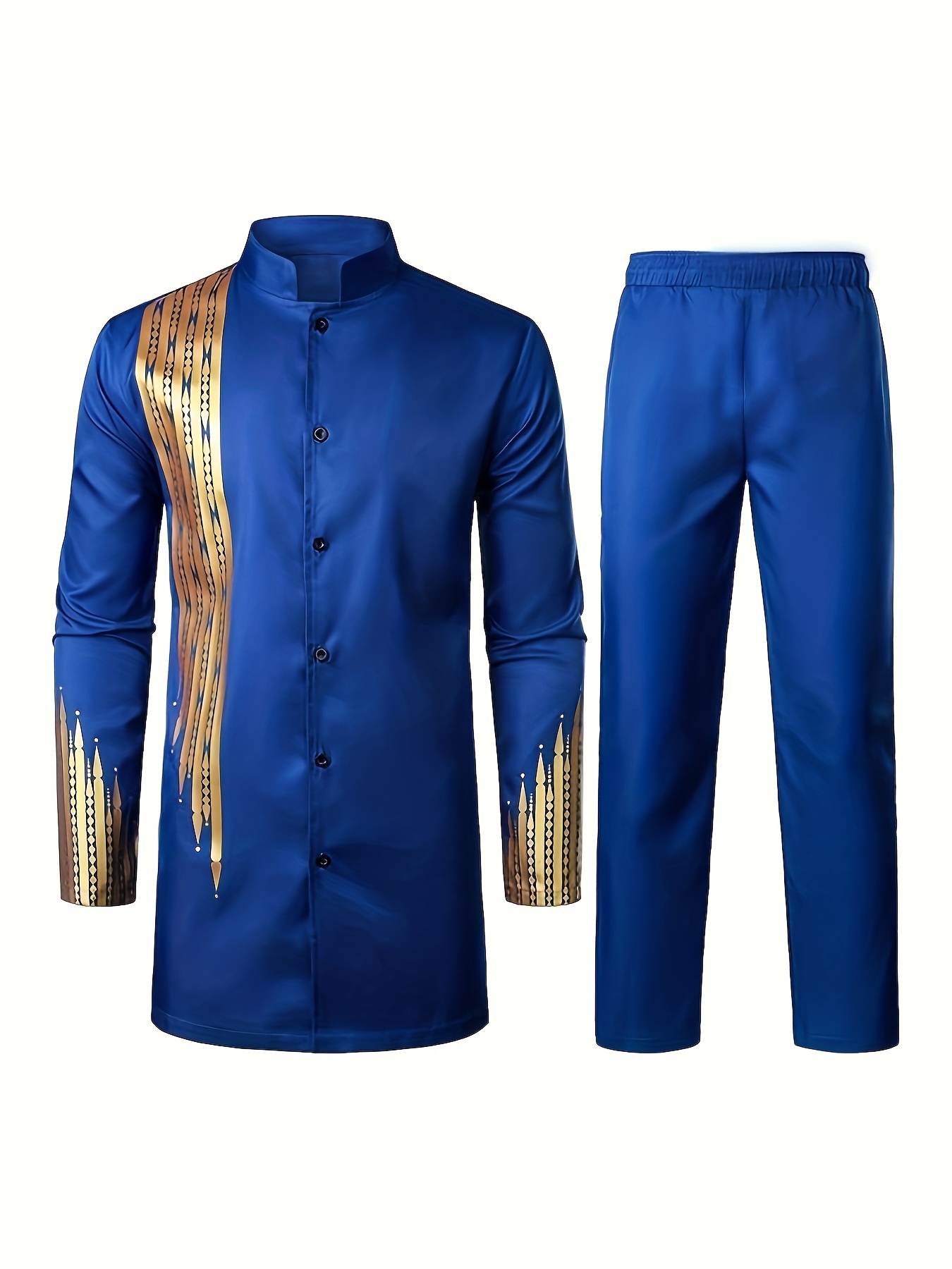 Men'S Casual Long-Sleeve Two-Piece Suit - Mid-Length Top & Trousers, Button Detail, Loose Fit, All-Season Wear, Traditional Cultural Attire, Formal & Everyday Outfits