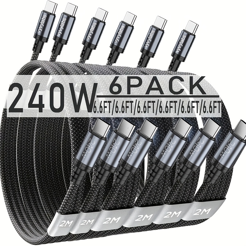 TEMU 240w 6-pack Type-c Fast Charging Cable, [6pcs 3.3ft] /[6pcs 6.6ft] Type-c To C Fast Charging Cable, For Macbook/ipad/iphone 17/16/15 Air/pro Max
