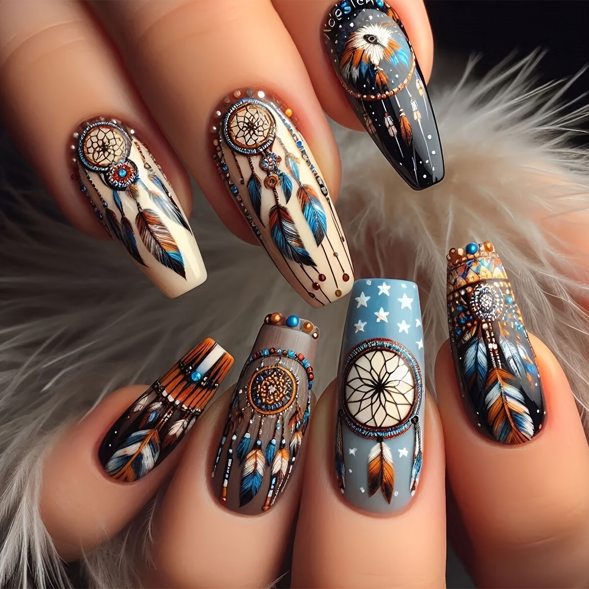 TEMU 24pcs Mandala Plume Faux Ongles à Coller Longueur Moyenne Femmes Ongles Portables Style Rétro Carillon Éolien Plume 3D Ongles Faux Réutilisables