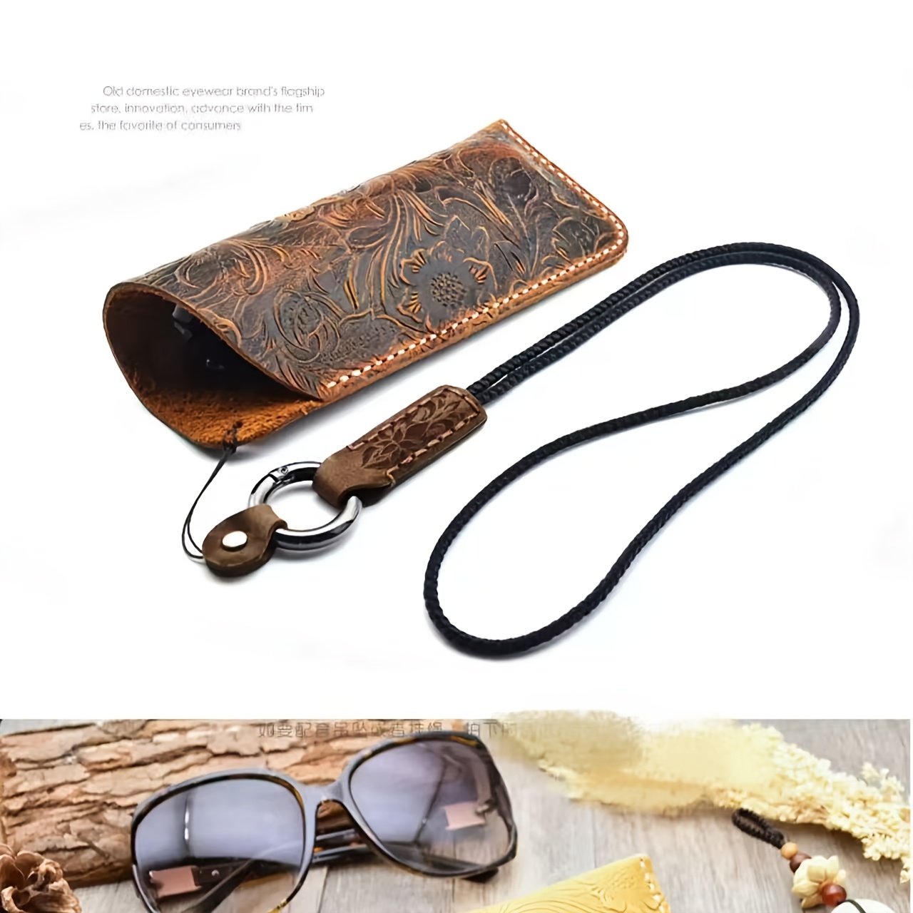 Original Hand-Carved Full-Grain Leather Glasses Pouch - Retro Genuine Leather Case for & Eyeglasses. Portable, Dust-Proof, Premium-Quality Protective Sleeve for Reading Glasses &. Compact Storage Bag with Slanted Pocket