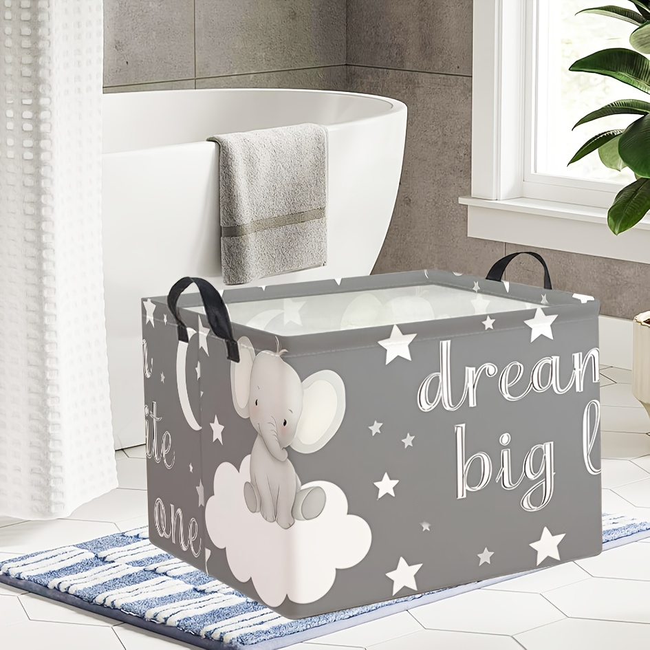 Grey Bottom Cloud Elephant Star Text Printed Storage Basket
