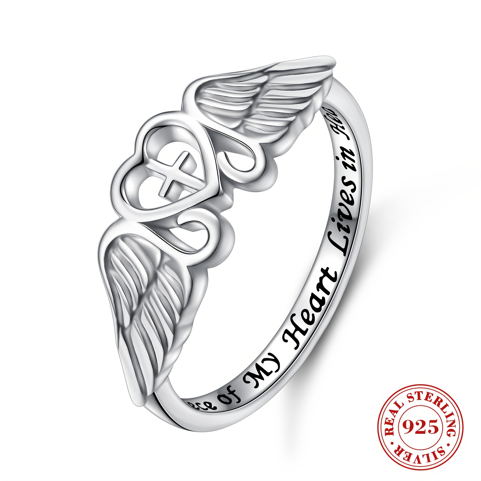 S925 Sterling Silver My Heart Lives in Heaven Angel Wing Ring for Women  Jewelry Memory of Mom Dad Daughter Son Loss Memoria
