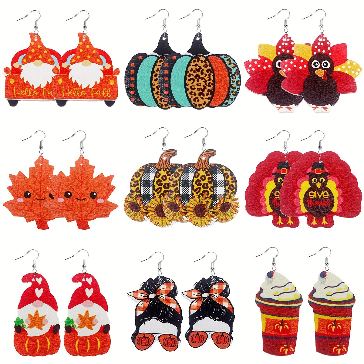 

9pcs Thanksgiving Earring Set For Women - Cute Gnome, Turkey, Pumpkin & Maple Leaf Designs | Double-sided Printed Faux Leather Dangle Earrings | Perfect Holiday Gift