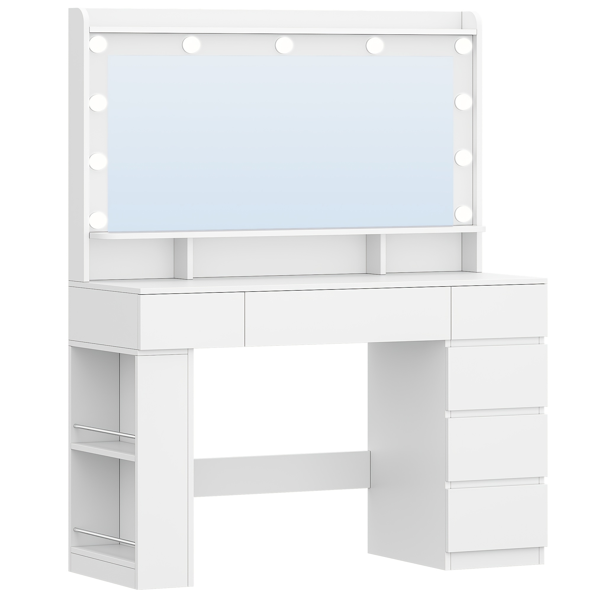 108cm Dressing Table With Large Mirror, Vanity Table With 6 Drawers And Storage Compartments, White