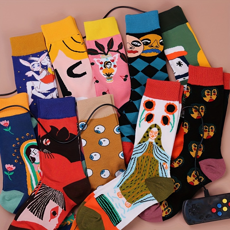 TEMU 10 Pairs Of Socks For Autumn And Winter 2024 Long Tube Socks, New Products For Spring Seam Head Couple Socks Pattern Mid Tube Men's Women's Socks Warm Socks Artistic Socks