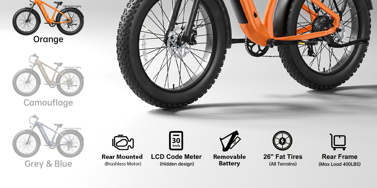 1 electric bike for adults rear high power brushless motor 26 fat tire 48v 15ah removable battery aluminum frame with rear storage shelf suitable for outdoor off road and urban commuting orange   disc brakes Product details 1