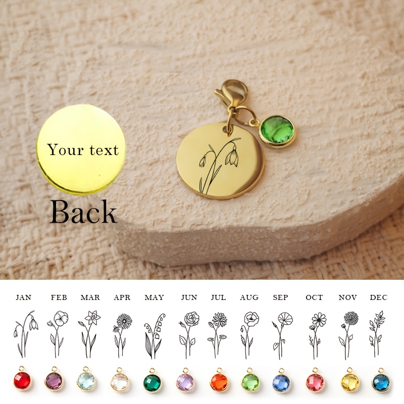 Personalized 304 Stainless Steel Birthstone & Flower Charm Pendant Necklace