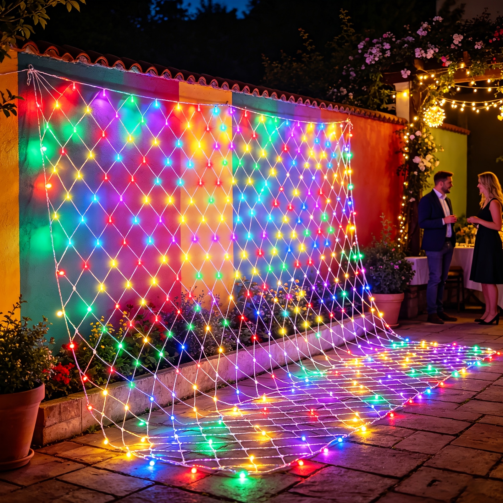 TEMU Luz de malla colorida para exteriores, 210 luces de luminosidad, 10.82Ft X7.54Ft, control remoto con flash y 8 de temporizador, 4 niveles de