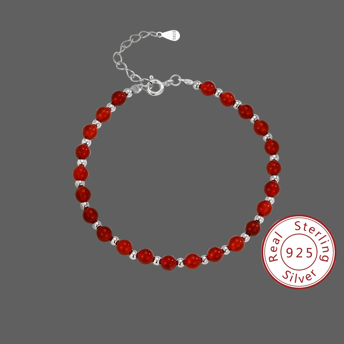 

925 Pure Silvery Material Round Bead Red Agate Bracelet, Temperament Jewelry, Light , Gemstone Bead Bracelet, Women's Trendy Accessory, Gift Box Included