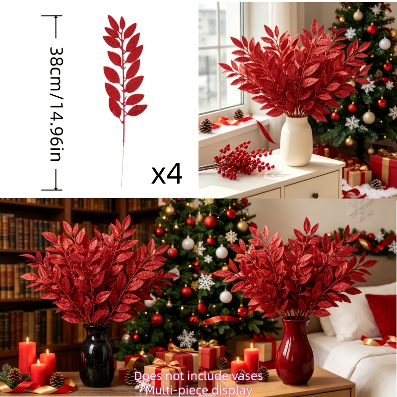 TEMU 4pcs Red Glitter Hollow Artificial Leaf Stems, Sparkly Faux Leaf Picks, Christmas Xmas Holiday Vase Filler, Festive Decorative Branches,