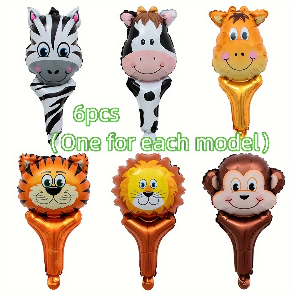 6pcs Animal Handheld Balloons For Birthday Party Decorations Toy Balloons On Hand, Fun Party Decoration Balloons, Game Activity Gifts, , Cows, Deer, , Monkeys, Tigers Balloon