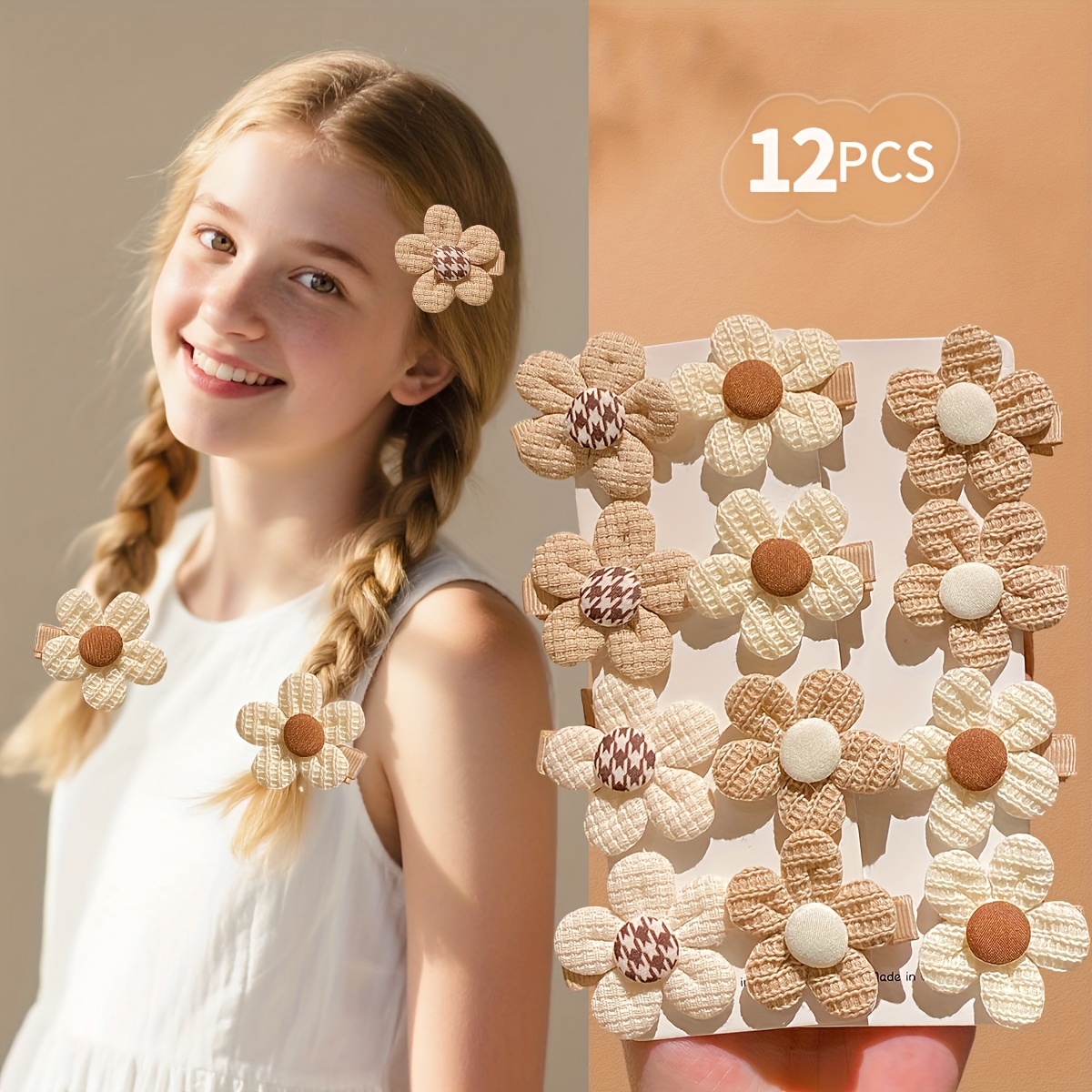12 Brown Cute Flower Hair Clips