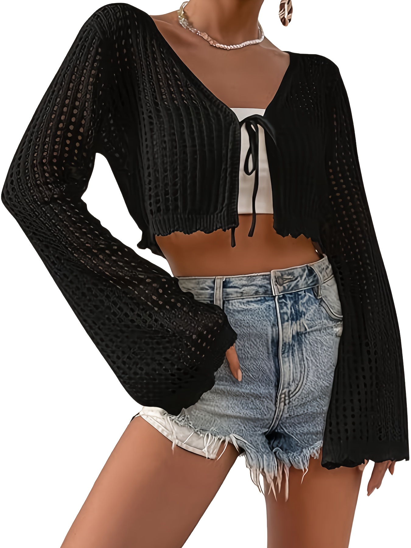 Women'S Black Lace-Up Crochet Cardigan with Long Sleeves Casual Summer  Top, Polyester, V-Neck, Lightweight, Casual Summer Top|* Detail|Lightwei