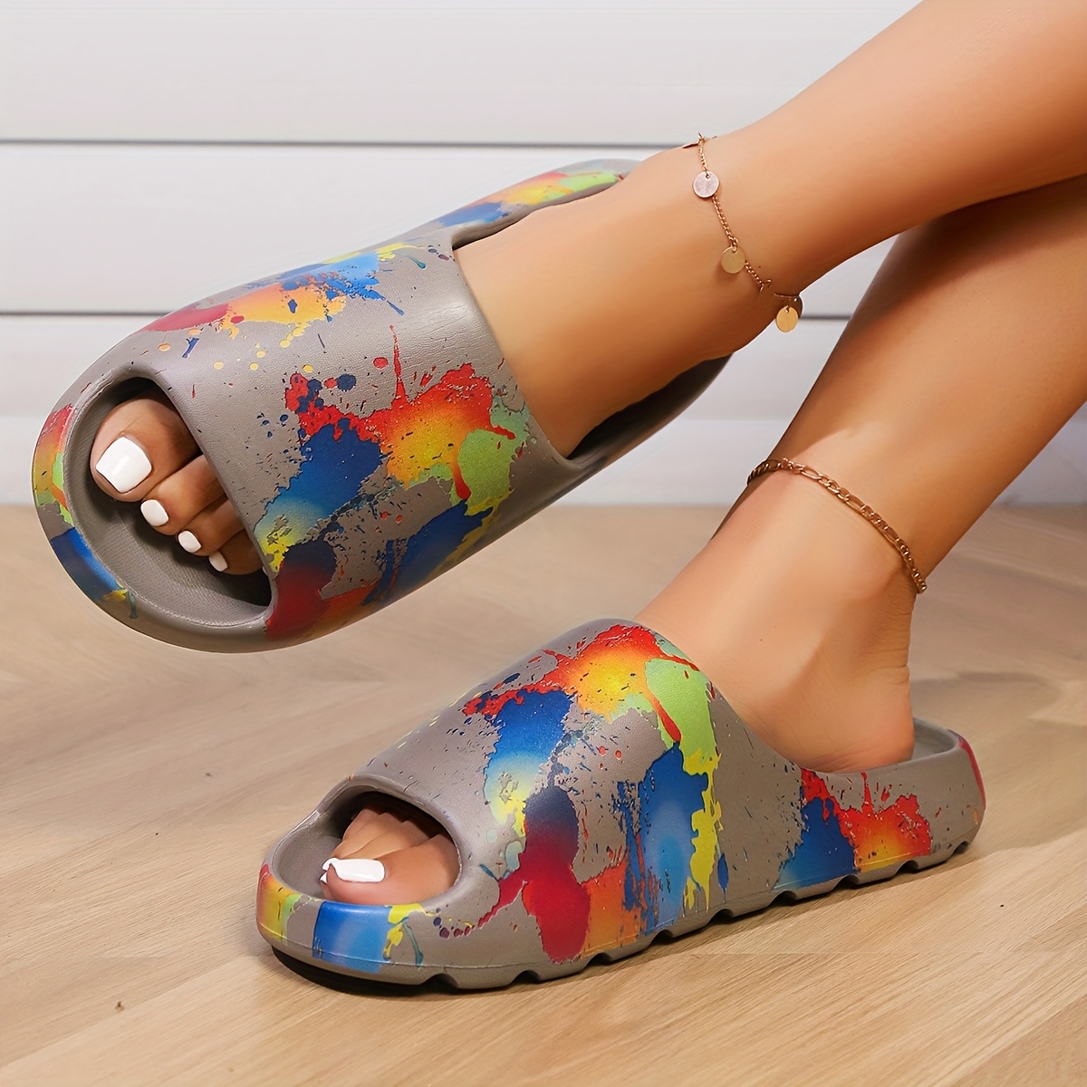 womens colorful splash paint slides open toe eva sandals for indoor outdoor use  able thick sole   for stylish summer wear  able footwear cushioned   Product details 5