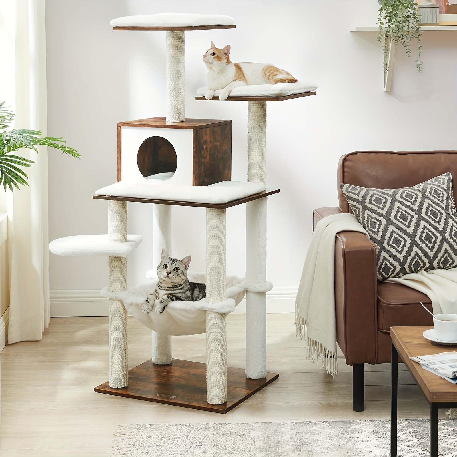 Image of Woodywonders Cat Tree, 138 Cm Modern Cat Tower For Indoor Cats, Multi-level Cat Condo With Scratching Posts, Hammock, Plush, Washable Cushions