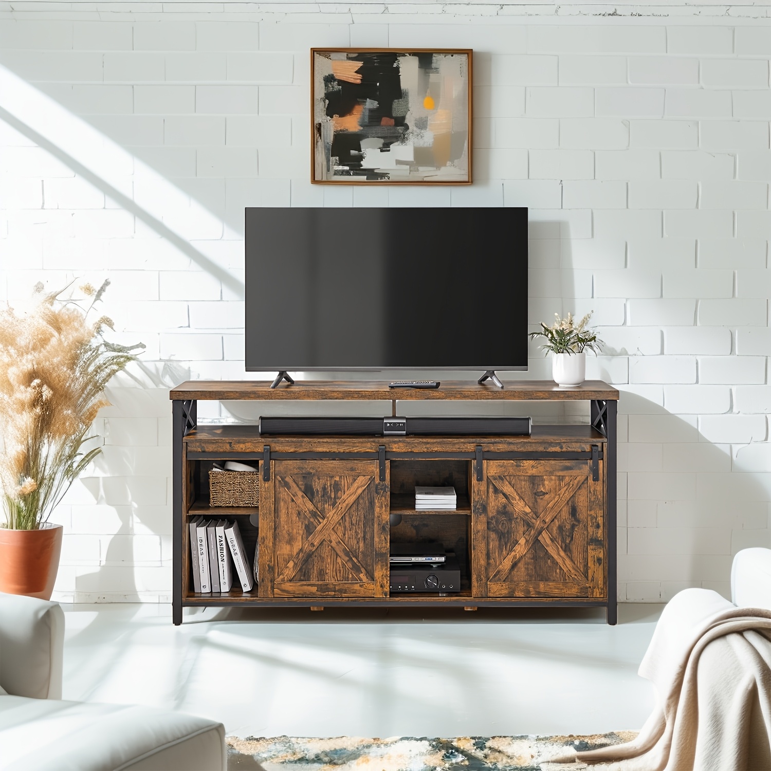 Image of Tv Cabinet, Tv Stand For Tvs Up To 65 Inches, Barn Doors In Country Style, Metal, Adjustable Shelves, Rustic Brown And Black