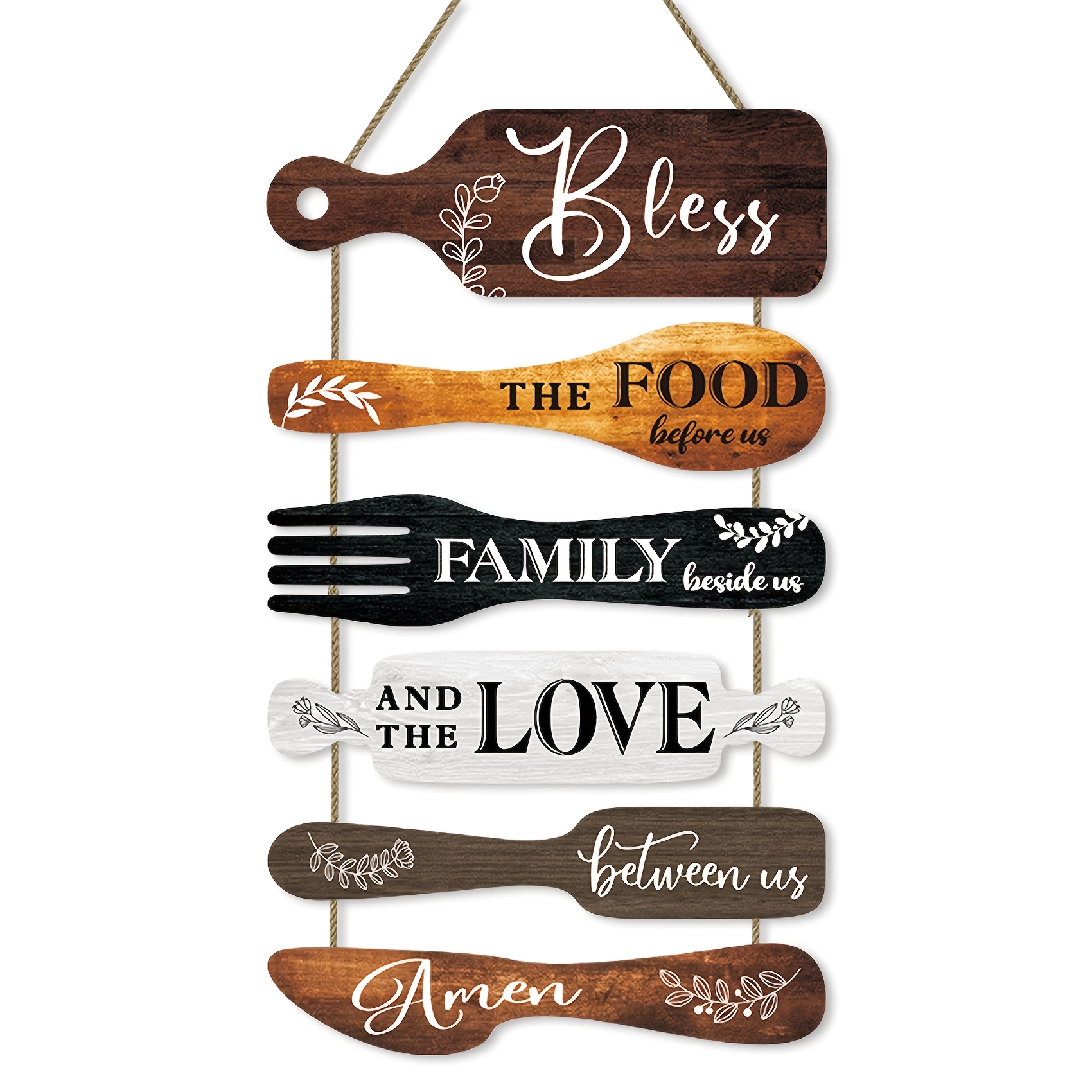 TEMU 6pcs Farmhouse Kitchen Decor Bless The Food Before Us Dining Room Wall Decor Rustic Wooden Roped Sign Country Collage Wall Art Kitchen