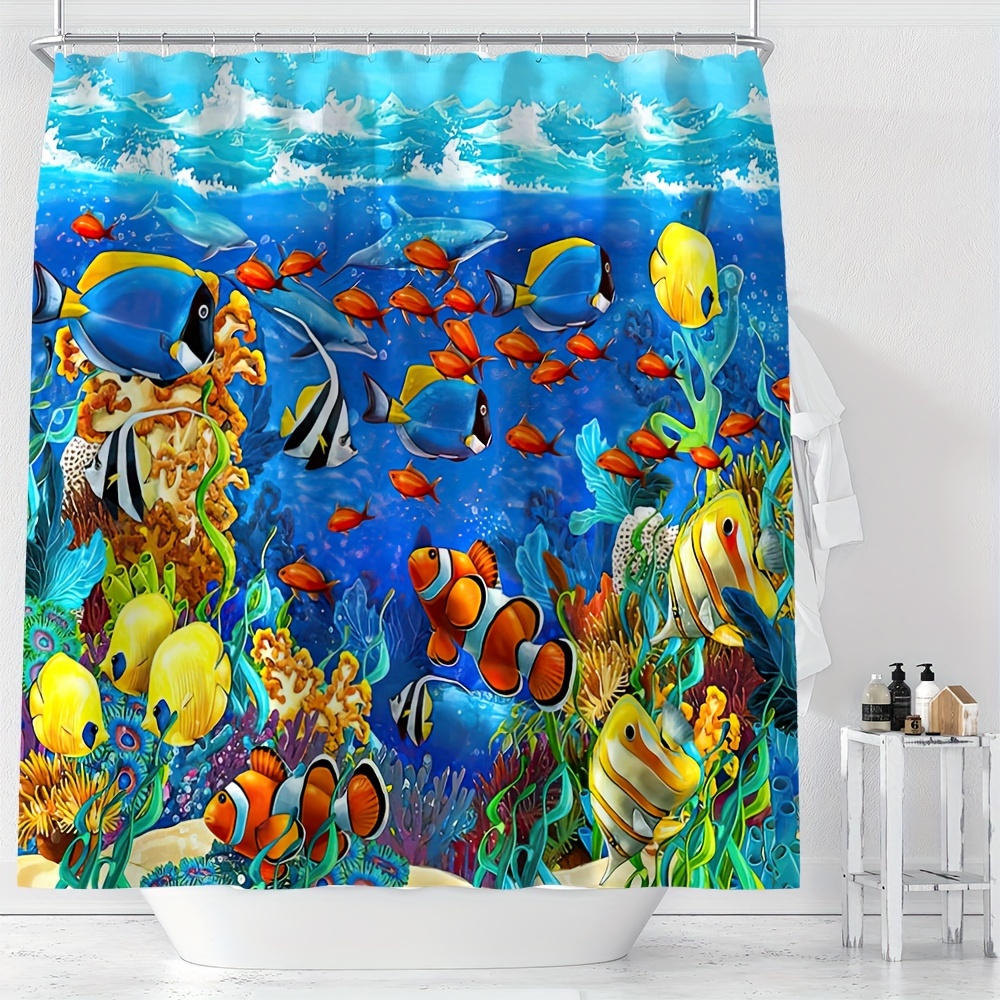 

Ocean Wonders Shower Curtain - Waterproof, Cartoon Fish & Coral Design With Hooks Included, Machine Washable Polyester Fabric