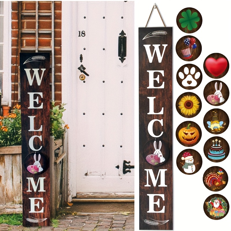 

Seasonal Yard Welcome Signs With 12 Holiday Icons, Wood Welcome Porch Sign For Front Door Garden Patio Decorations Hanging Or Standing Festival Outdoor Decors For Round