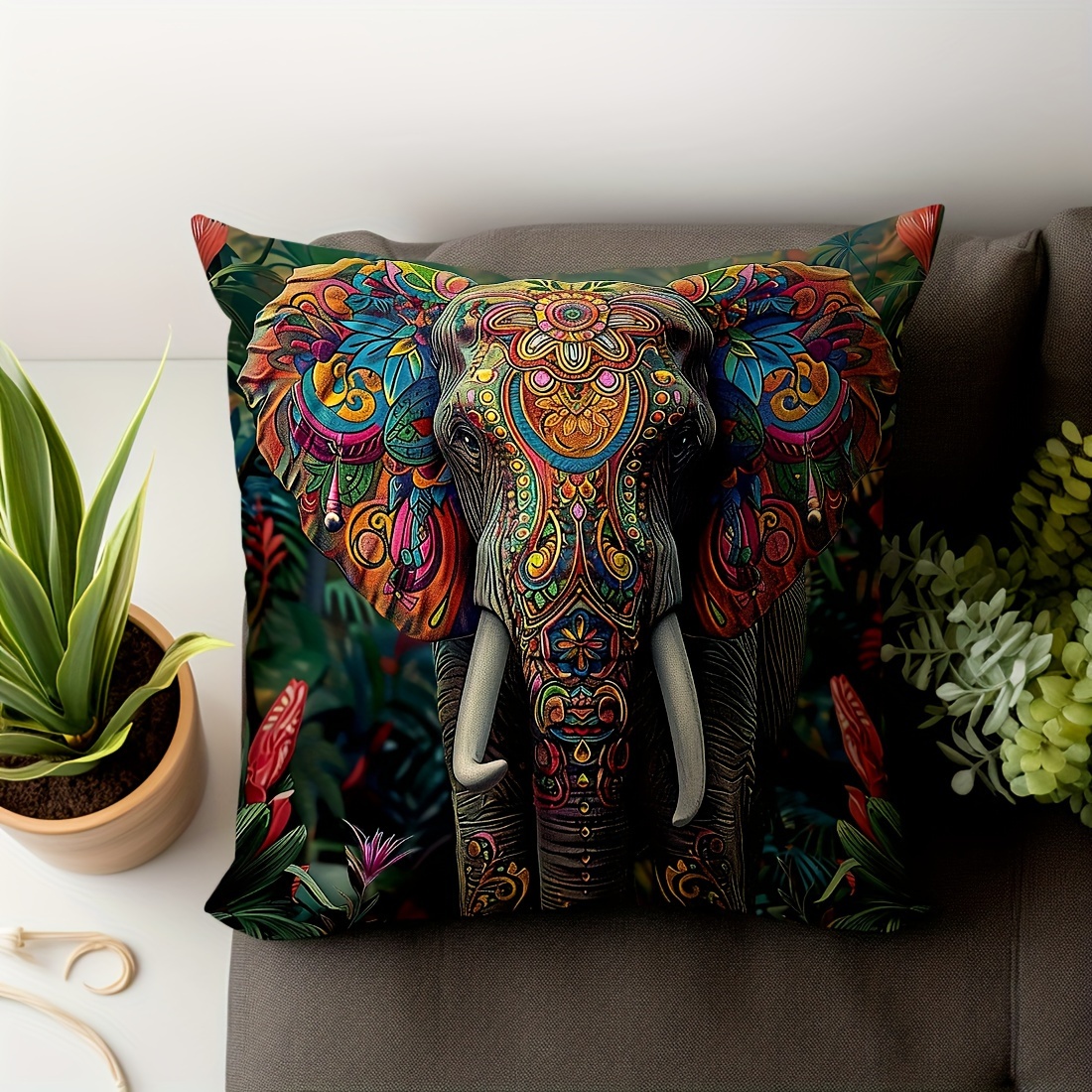 

1pc Tropical Elephant Decorative Pillow Cover, 45x45cm, Single-side Print, Contemporary Style, Velvet Cushion Case For Sofa, Vivid Colors, Durable Design, Home Decor