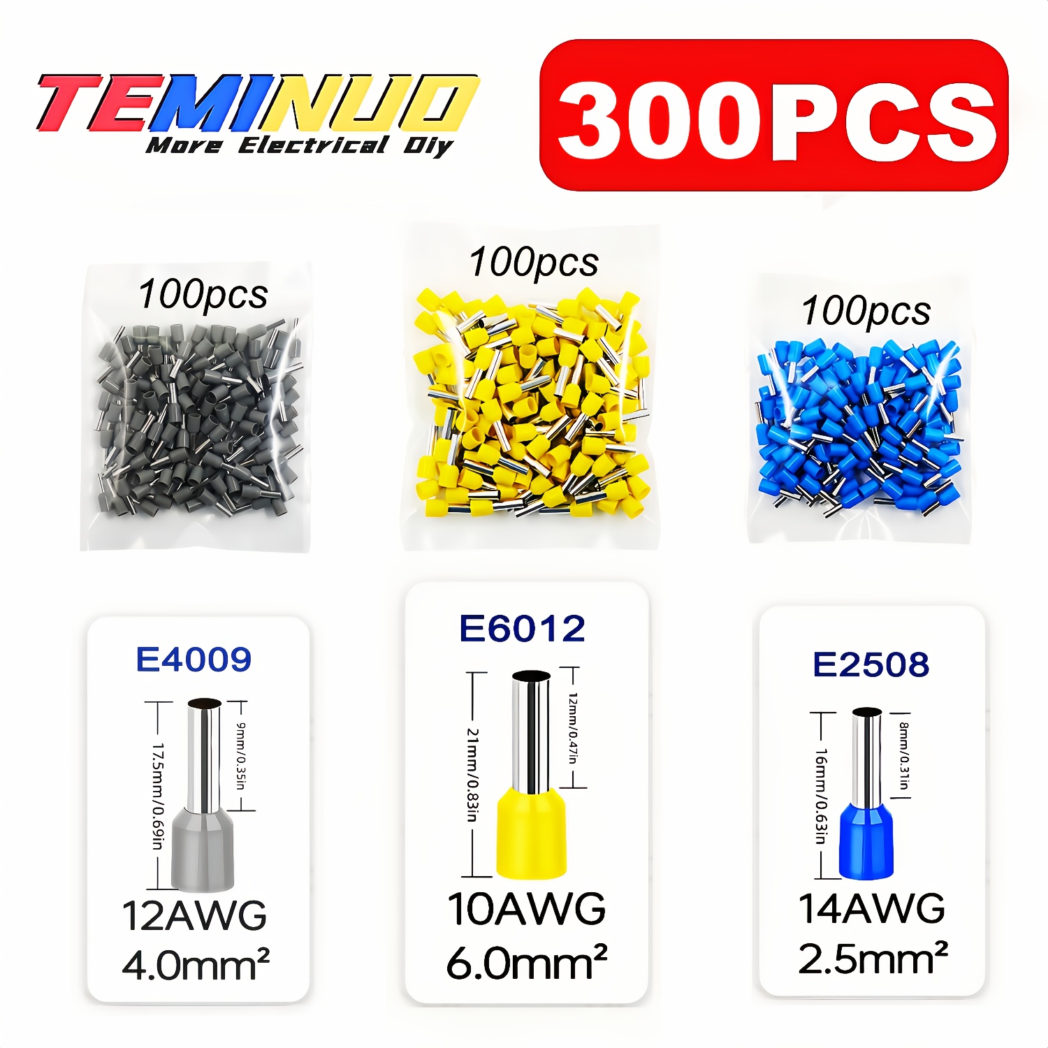 TEMU 300 pezzi di terminali a anello in filo, disponibili in 7 dimensioni e colori, adatti per 22 AWG e 0.5-6 Mm簡. Questi connettori a pin connettori