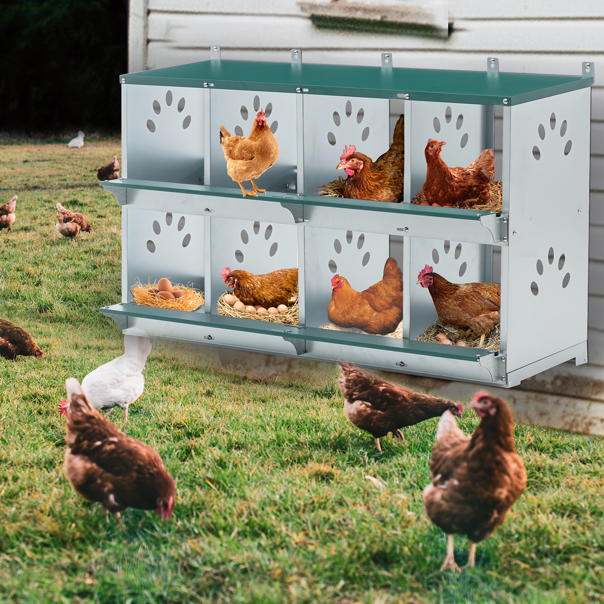 8 Compartments Metal Chicken Nesting Boxes For Hens To Lay Eggs, Wall-mounted Egg-laying Box For Chickens/hens, Well-ventilated, For Outdoor Yard, Chicken Coop, Poultry Farm