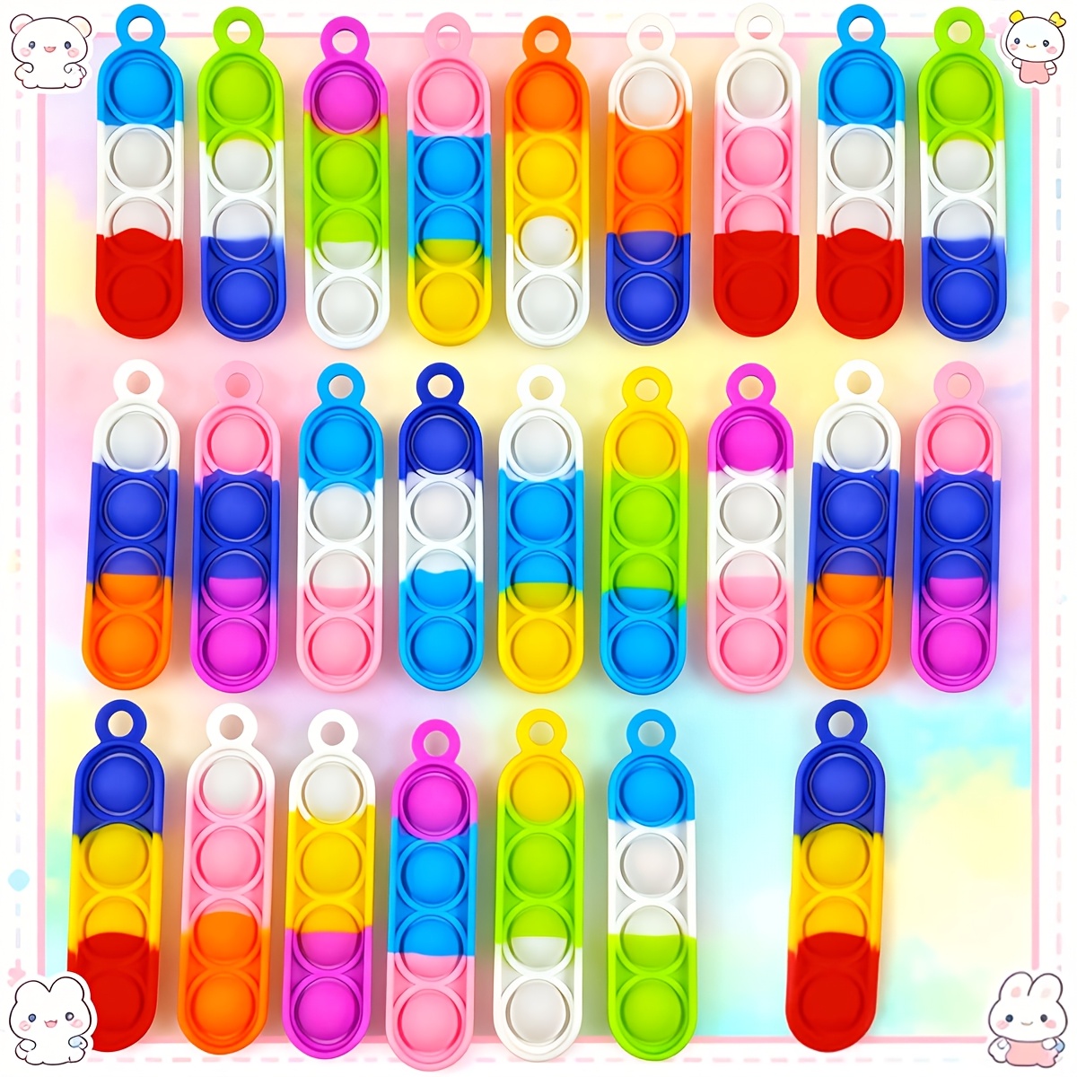 Image of 24pcs Bulk Pop Keychains - Sensory Fidget Toys For Kids, Birthday Party Favors, Classroom Prizes, Pinata Stuffers - With Chain - Multicolor Party Supplies (random Colors) - For &