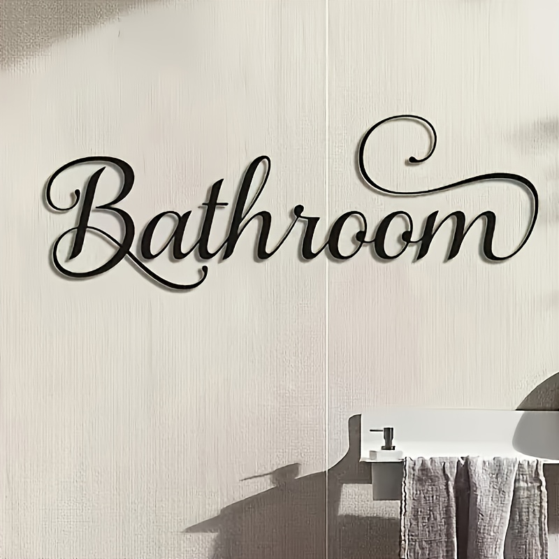TEMU 1pc Minimalist Rustic Metal Wall Decor - Elegant Cursive "bathroom" Sign, Horizontal Hanging Wrought Iron Decoration, Suitable For Indoor
