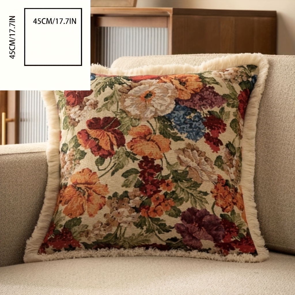 Image of 1pc Vintage Floral Sofa Pillow Cover With Tassels - 100% Viscose Polyester, Zipper Closure, Hand Wash Only, Multi-use For Living Room, Bedroom, Car Decor (no Insert Included)