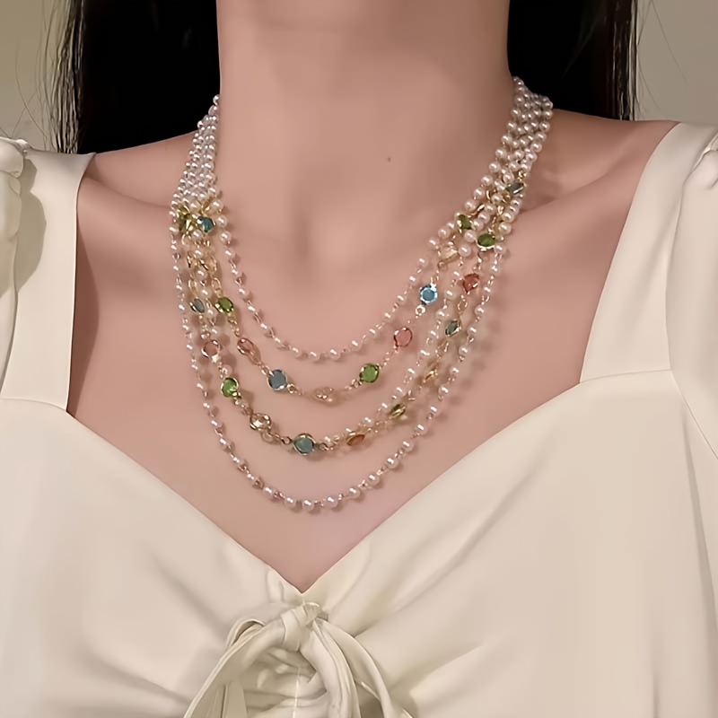 TEMU 1pc -style Sparkling Layered Necklace, Light Luxury Dopamine-style Multicolored Collarbone Chain