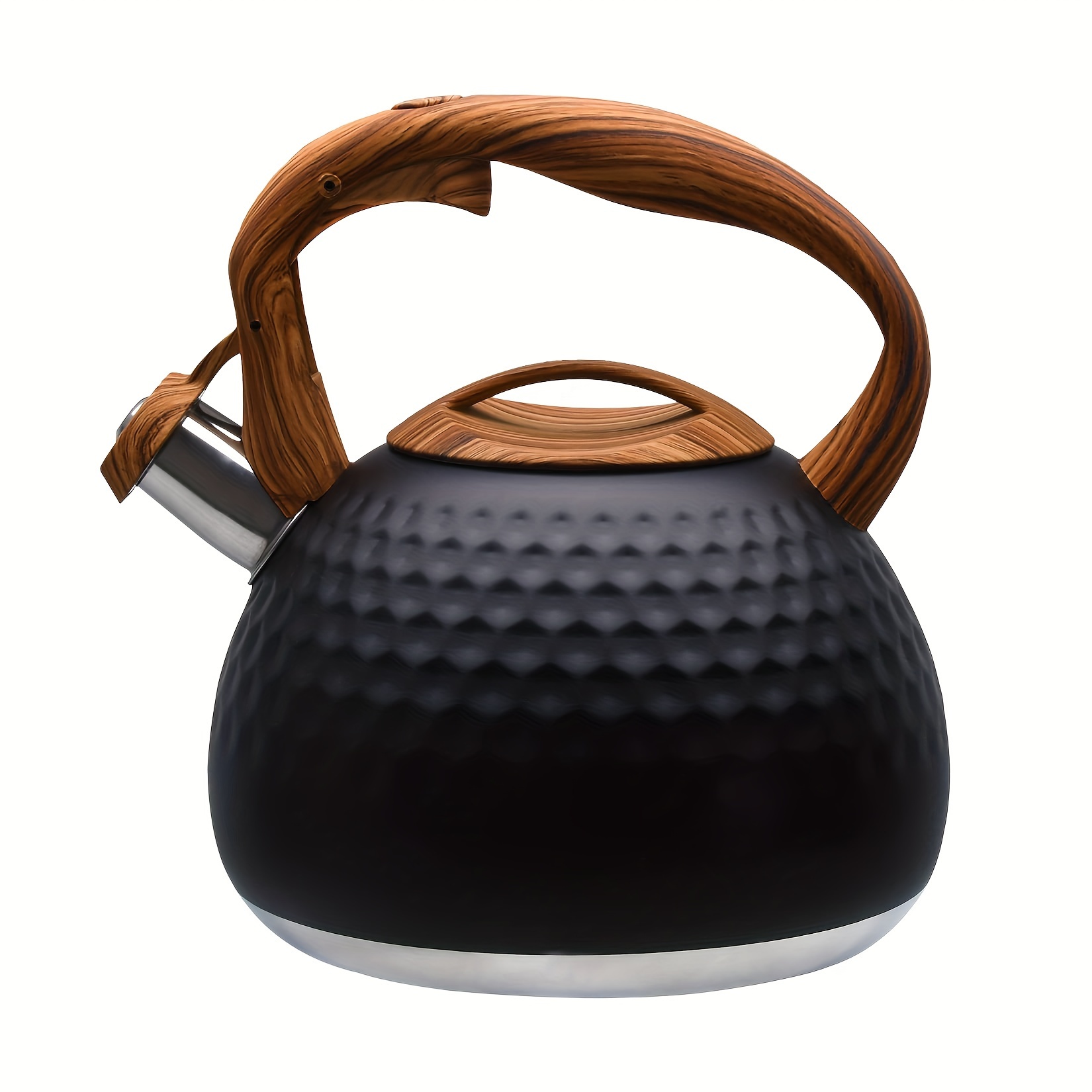 

1pc, Tea Kettle, Loud Whistling Kettle For Boiling Water Coffee Or Milk, 3l Heavy Stainless Steel Black Kettle With Wood Pattern Handle, Unique Button Control Kettle Outlet