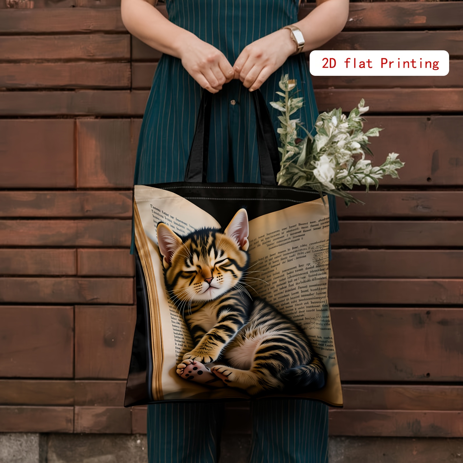 TEMU A Stylish 2d Printed Bag Featuring A Cute Cat Book Pattern, This Reusable Shoulder Bag Is A Durable, Unlined Shopping Tote That Resists Fading,