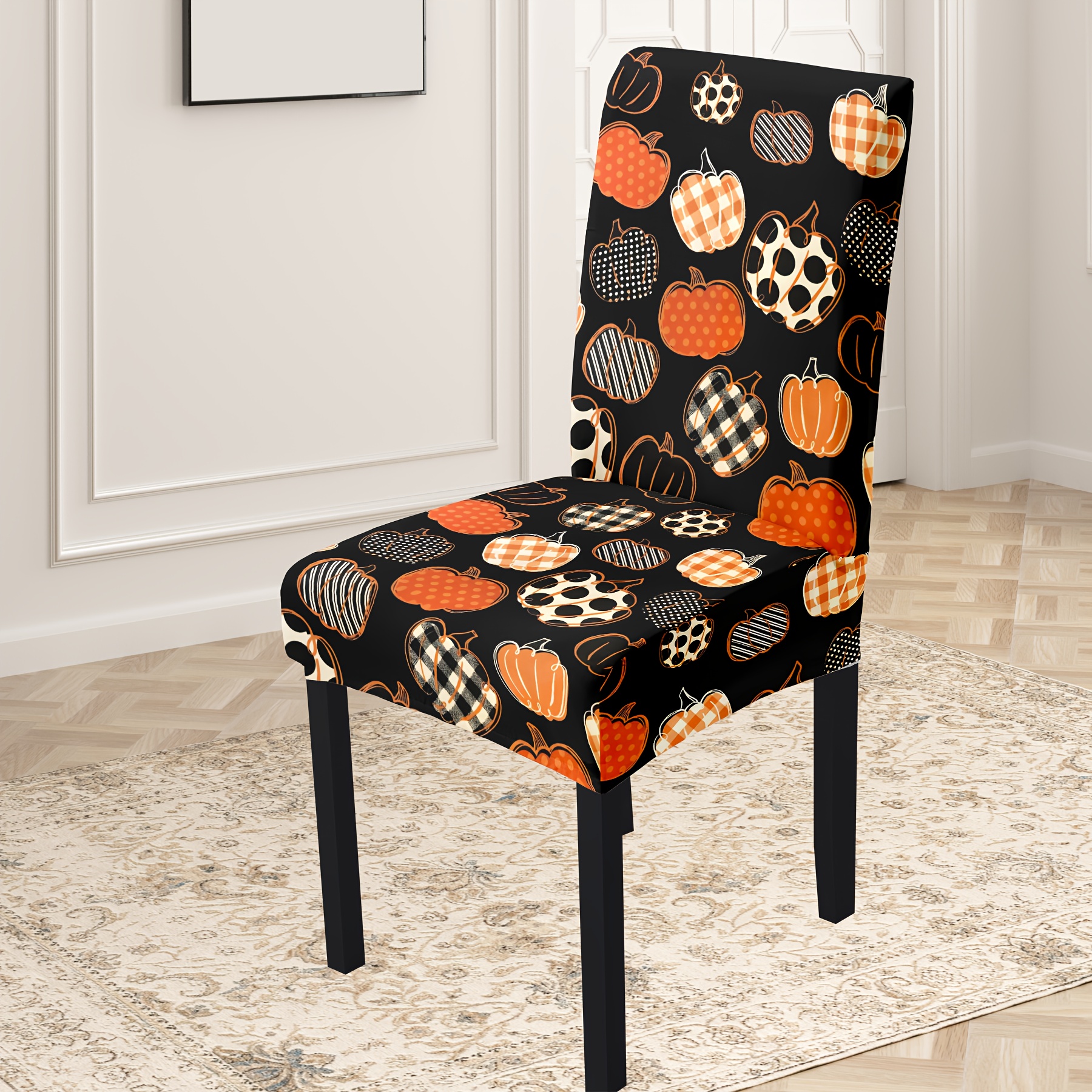 

Classic Thanksgiving Pumpkin Print Elastic Chair Slipcovers 4pcs/6pcs - Machine Washable Polyester Spandex Blend, Durable & Reusable Dining Chair Covers For Home Decor