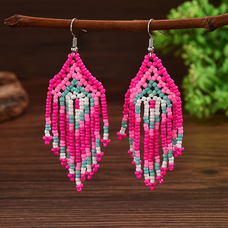 Ethnic Style Geometric Tassel Woven Rice Bead Earrings Women's (, Color And Pattern )