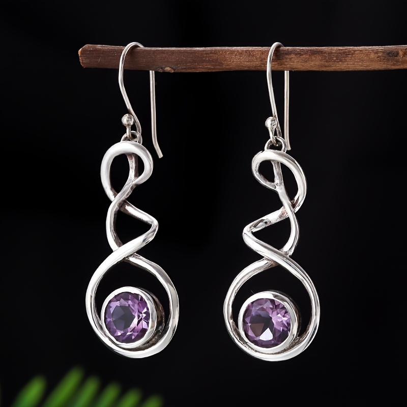 TEMU A Pair Of Retro Classic Geometric Wave-shaped Drop Earrings, Inlaid With Round Purple Glass Decorations, Earrings, Bohemian Ethnic Style Jewelry